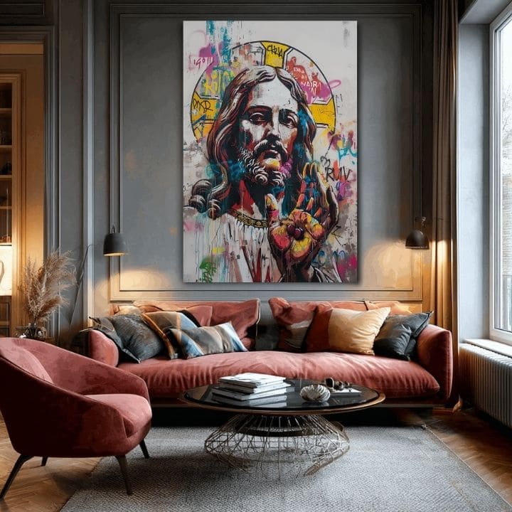 Umělecké dílo s Ježíšem Kristem ve street art stylu a zlatými detaily visí v moderním interiéru nad dřevěnou konzolí s vázou a svíčkou Papilora.