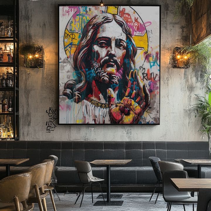 Obraz Ježíše Krista v graffiti stylu s barevnými detaily a zlatými akcenty visí v moderním interiéru nad dřevěnou konzolí s vázou a svíčkou Papilora.