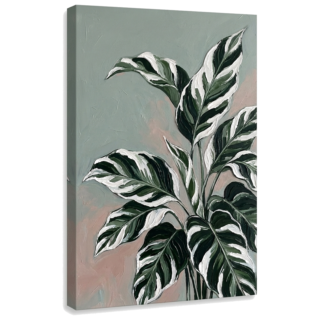 Obraz s listy tropické rostliny na plátně s 3D strukturou, detail dřevěného rámu a umělecké zpracování Premium Art od značky Papilora.