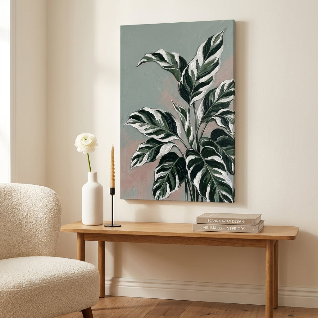 Moderní obraz s motivem tropických listů zavěšený nad elegantní dřevěnou konzolou v interiéru obývacího pokoje s vázou a svíčkou.
