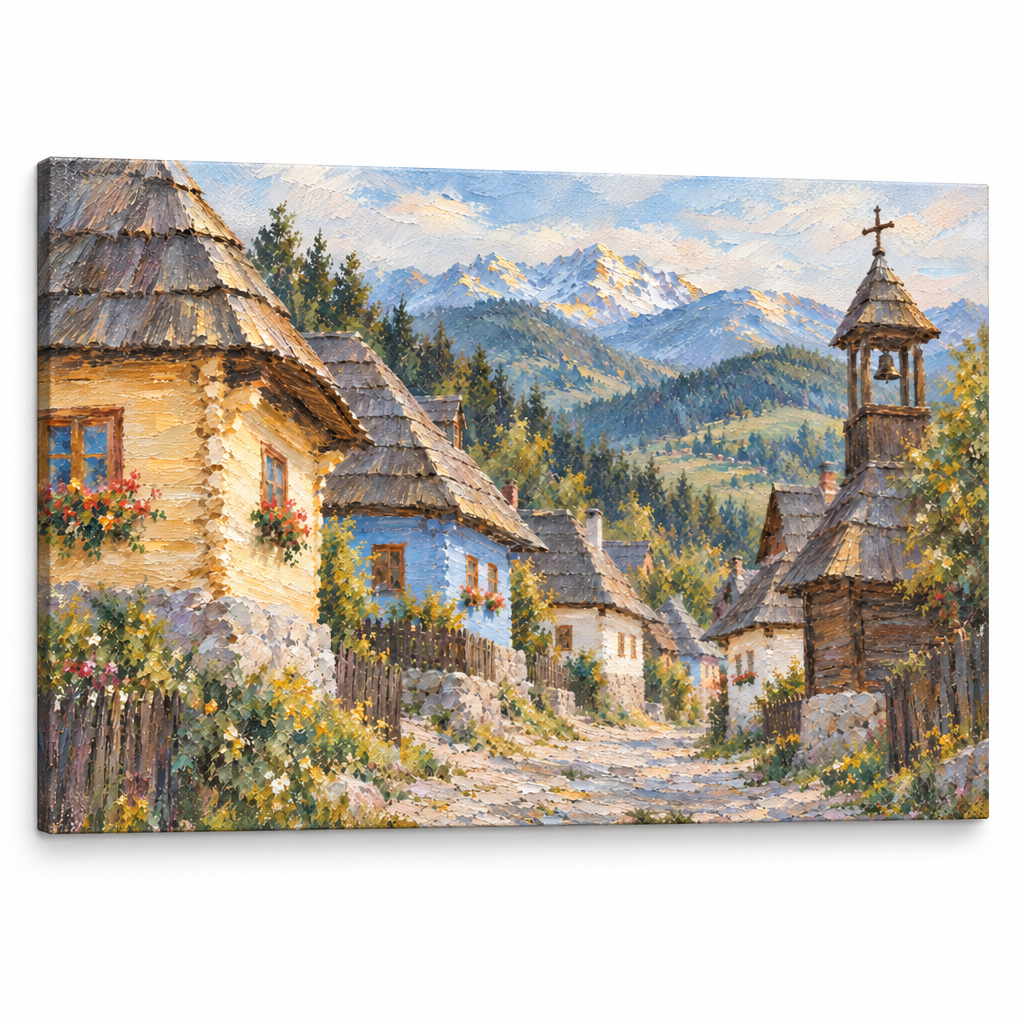 Obraz tradiční slovenské vesnice s dřevěnicemi a zvonicí na plátně — 3D vizualizace canvasu s viditelným dřevěným rámem, Papilora Premium Art.