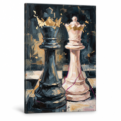 Detailní pohled na obraz šachového krále na plátně s viditelným dřevěným rámem, moderní umění Premium Art od Papilora.