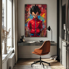 Umělecké dílo s anime postavou Vegety v červené bundě visí v moderním interiéru nad dřevěnou konzolí s vázou a svíčkou, Papilora.