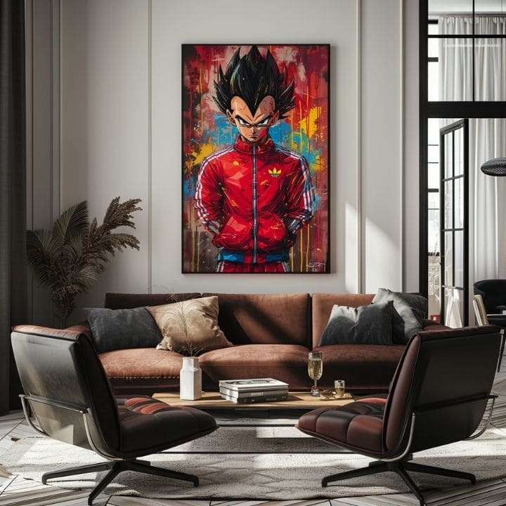Umělecké dílo s anime postavou Vegety v červené bundě visí v moderním interiéru nad dřevěnou konzolí s vázou a svíčkou, Papilora.