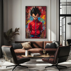 Umělecké dílo s anime postavou Vegety v červené bundě visí v moderním interiéru nad dřevěnou konzolí s vázou a svíčkou, Papilora.