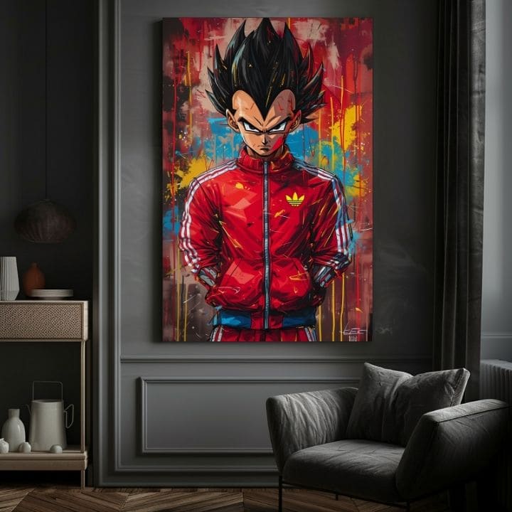 Umělecké dílo s anime postavou Vegety v červené bundě visí v moderním interiéru nad dřevěnou konzolí s vázou a svíčkou, Papilora.