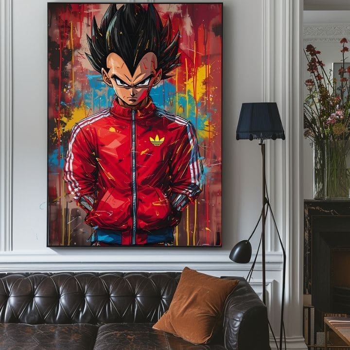Umělecké dílo s anime postavou Vegety v červené bundě visí v moderním interiéru nad dřevěnou konzolí s vázou a svíčkou, Papilora.