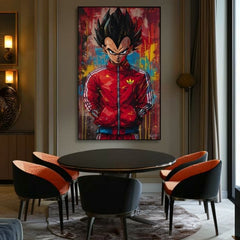 Umělecké dílo s anime postavou Vegety v červené bundě visí v moderním interiéru nad dřevěnou konzolí s vázou a svíčkou, Papilora.