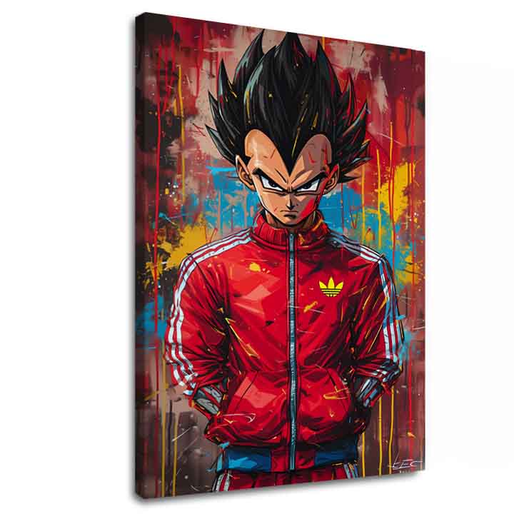 Ručně malované prémiové plátno s anime postavou Vegety v červené bundě na barevném pozadí, s viditelným dřevěným rámem, Papilora.