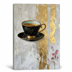 Detailní vizualizace obrazu šálku kávy na plátně s viditelnou strukturou dřevěného rámu, luxusní styl Papilora Premium Art.