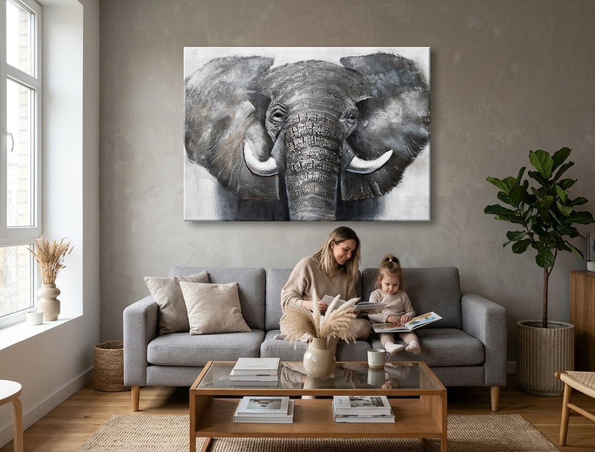 Malovaný obraz na zeď SLON 100x70 cm – ručně malovaný obraz v elegantním interiéru (Scandi cream) | wall mockup | premium canvas | Papilora.sk