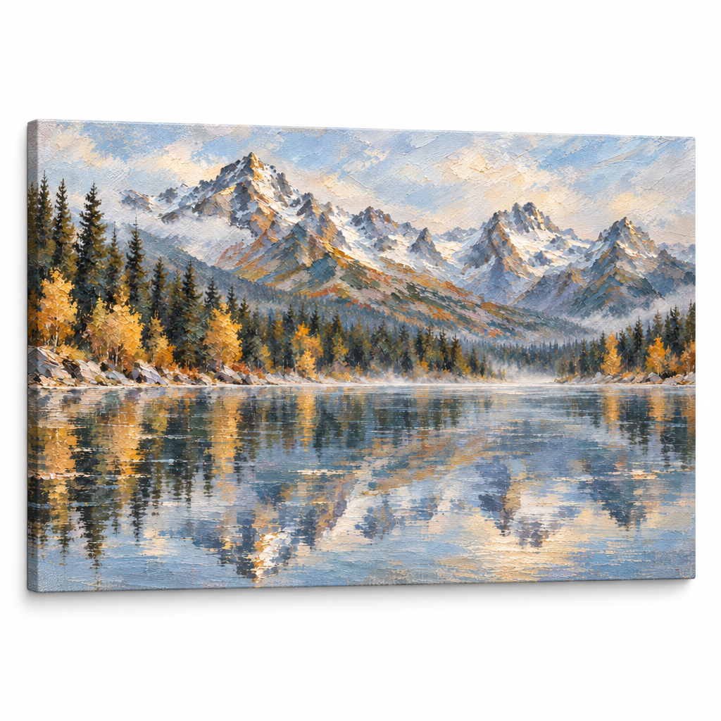 Obraz horské krajiny s jezerem a jehličnatým lesem na plátně — 3D vizualizace canvasu s viditelným dřevěným rámem, Papilora Premium Art.