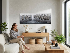 Malovaný obraz na zeď STROMY 150x50 cm – ručně malovaný obraz v elegantním interiéru (Bohemian warm) | wall mockup | premium canvas | Papilora.sk