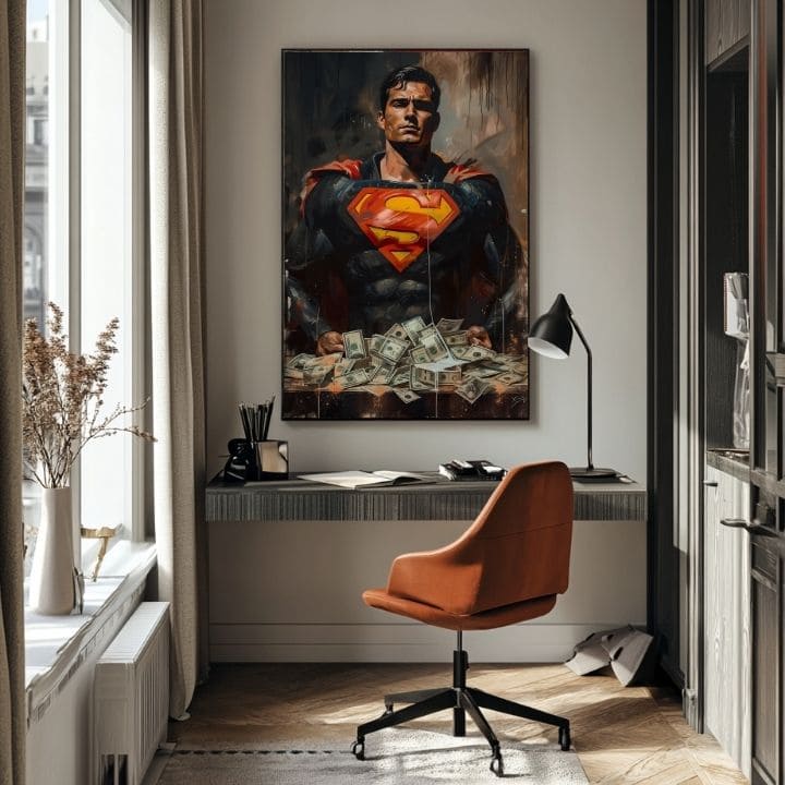 Umělecké dílo se Supermanem a penězi visí v moderním interiéru nad dřevěnou konzolí s vázou a svíčkou, dodávající prostoru styl Papilora.