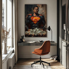 Umělecké dílo se Supermanem a penězi visí v moderním interiéru nad dřevěnou konzolí s vázou a svíčkou, dodávající prostoru styl Papilora.