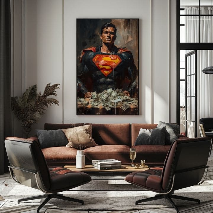 Umělecké dílo se Supermanem a penězi visí v moderním interiéru nad dřevěnou konzolí s vázou a svíčkou, dodávající prostoru styl Papilora.