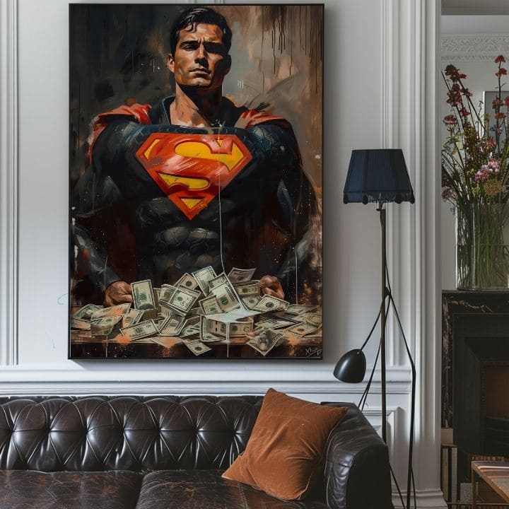 Umělecké dílo se Supermanem a penězi visí v moderním interiéru nad dřevěnou konzolí s vázou a svíčkou, dodávající prostoru styl Papilora.
