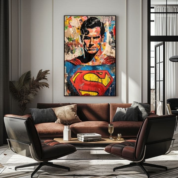 Umělecké dílo Supermana v pop-art stylu visí v moderním interiéru nad dřevěnou konzolí s vázou a svíčkou Papilora.