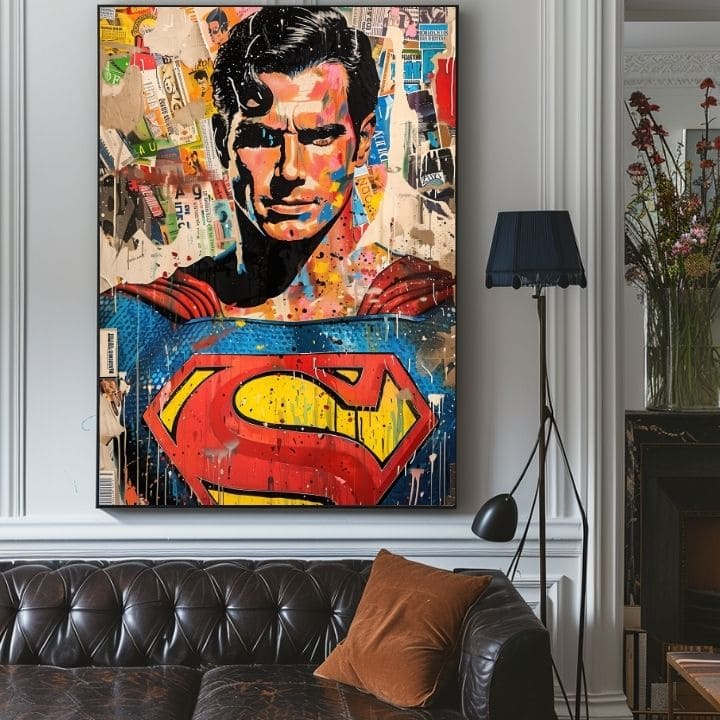 Umělecké dílo Supermana v pop-art stylu visí v moderním interiéru nad dřevěnou konzolí s vázou a svíčkou Papilora.
