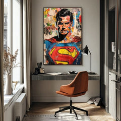 Umělecké dílo Supermana v pop-art stylu visí v moderním interiéru nad dřevěnou konzolí s vázou a svíčkou Papilora.