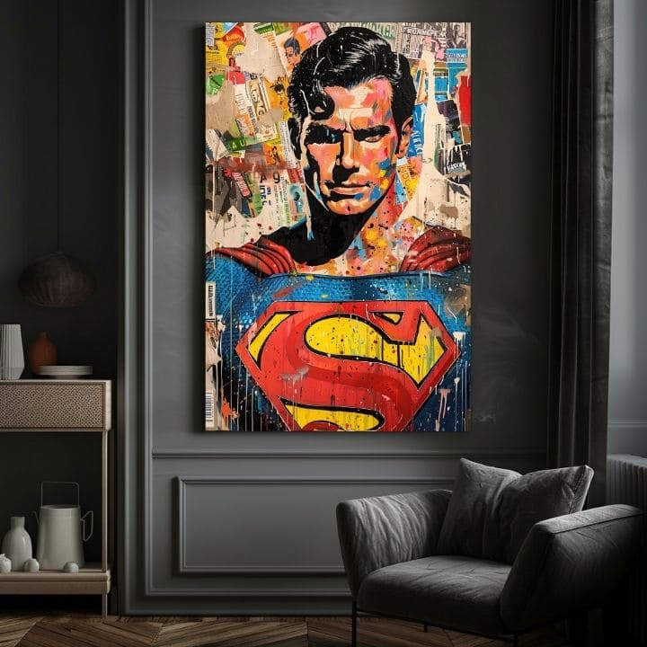 Umělecké dílo se Supermanem v pop-art stylu visí v moderním interiéru nad dřevěnou konzolí s vázou a svíčkou Papilora.