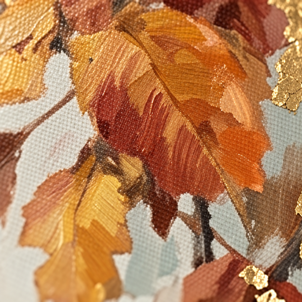 Makro detail ručně malovaných impasto tahů akrylovou barvou na plátně, viditelná reliéfní struktura a umělecká textura obrazu.