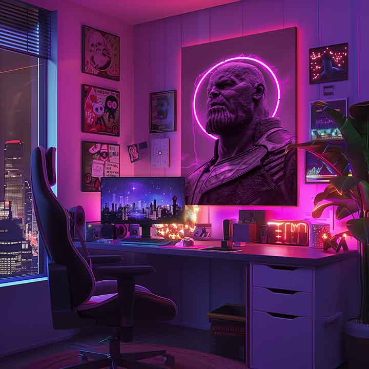 Obraz s Thanosem a fialovou neonovou aurou visí v moderním interiéru nad dřevěnou konzolí s vázou a svíčkou Papilora.