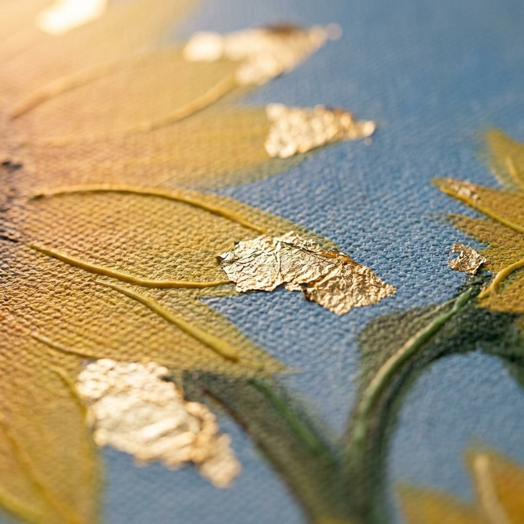 Makro detail ručně malovaných impasto tahů akrylovou barvou na povrchu květů, viditelná textura a reliéf pro autentický vzhled.