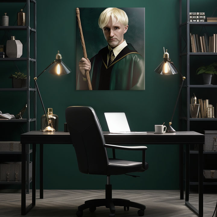 Na plátně je zobrazen Draco Malfoy s blond vlasy a holí v zeleném hábitu na tmavě zeleném pozadí, Papilora.