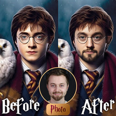 Na plátně je zobrazen portrét Harryho Pottera s brýlemi a jeho sovou Hedvikou, v modrých a červených tónech, s viditelným dřevěným rámem Papilora.