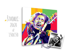 Pop art obraz na plátně s motivem kytara, mikrofon, lidé v bílo-fialových odstínech, energická atmosféra, rock and roll, vhodný do obývacího pokoje – hlavní