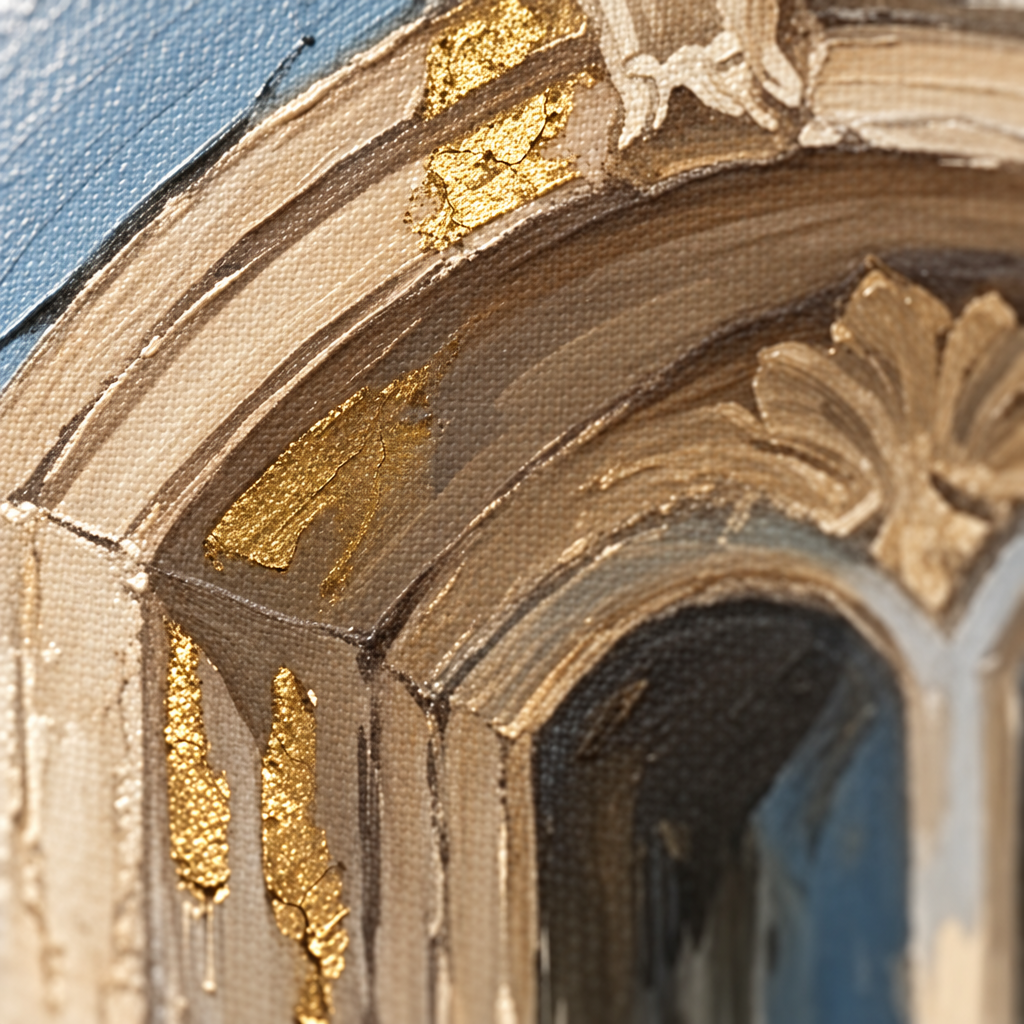 Makro detail ručně malovaných impasto tahů akrylovou barvou na povrchu obrazu, viditelná textura a reliéfní struktura uměleckého díla.