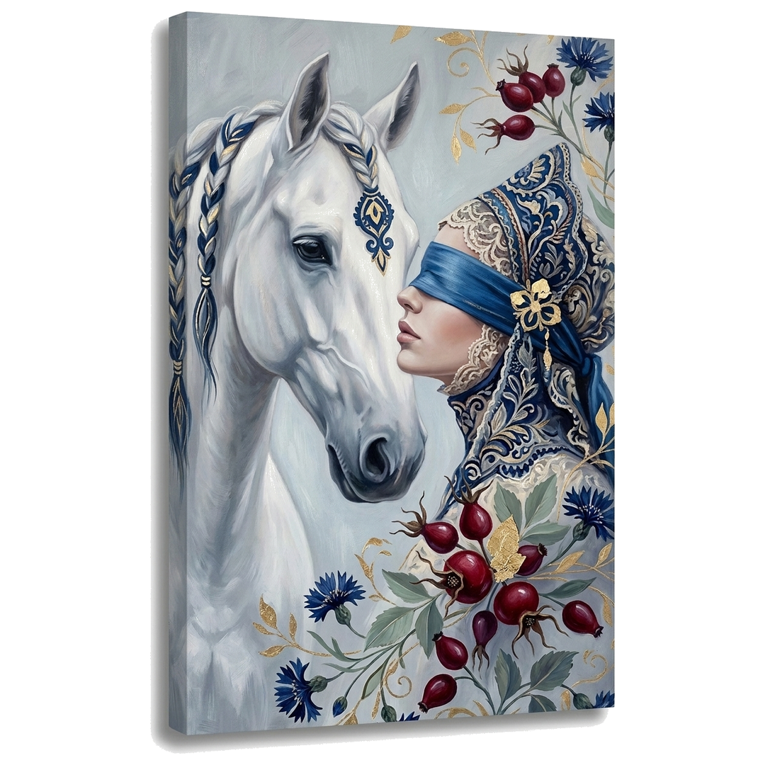 Obraz ženy se zavázanýma očima a bílým koněm na plátně, 3D vizualizace canvasu s viditelným dřevěným rámem, styl Premium Art od Papilora.