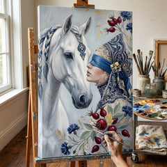 Umělkyně v ateliéru Papilora pracuje na obrazu ženy s bílým koněm, detailní záběr na ruční malbu u okna s přirozeným denním světlem.