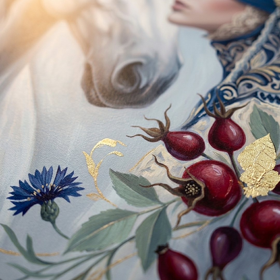 Detailní makro záběr na ručně malované impasto tahy akrylovou barvou na plátně, viditelná reliéfní textura a zlaté akcenty, ruční práce.