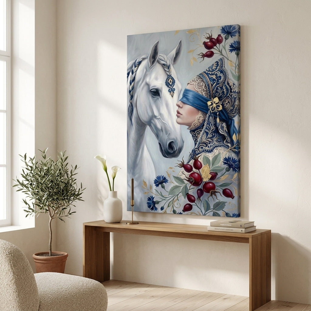 Moderní obraz ženy s bílým koněm zavěšený v elegantním obývacím pokoji nad dřevěnou konzolou, stylová dekorace na stěnu do interiéru.