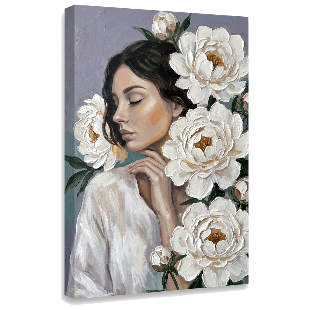 Moderní obraz ženy s velkými bílými květy na plátně, 3D vizualizace canvasu s viditelným dřevěným rámem od Papilora Premium Art.