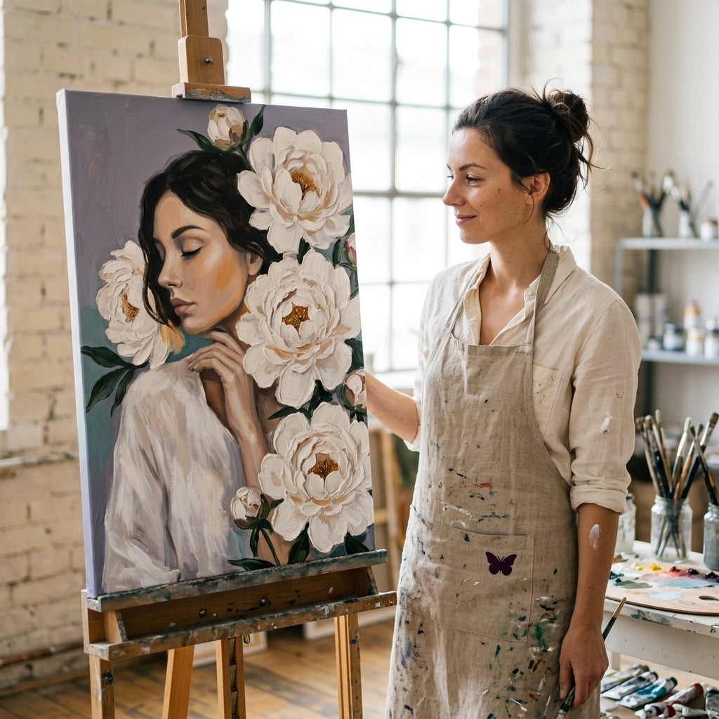 Umělkyně v ateliéru Papilora pracuje na dokončení obrazu ženy s bílými květy, přirozené světlo v pozadí.
