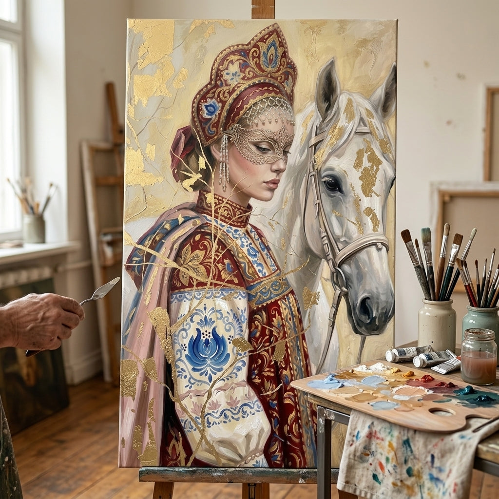 Umělkyně v ateliéru stojí vedle stojanu s hotovým obrazem ženy v lidovém kroji s maskou a bílým koněm za přirozeného denního světla.