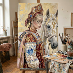 Umělkyně v ateliéru stojí vedle stojanu s hotovým obrazem ženy v lidovém kroji s maskou a bílým koněm za přirozeného denního světla.