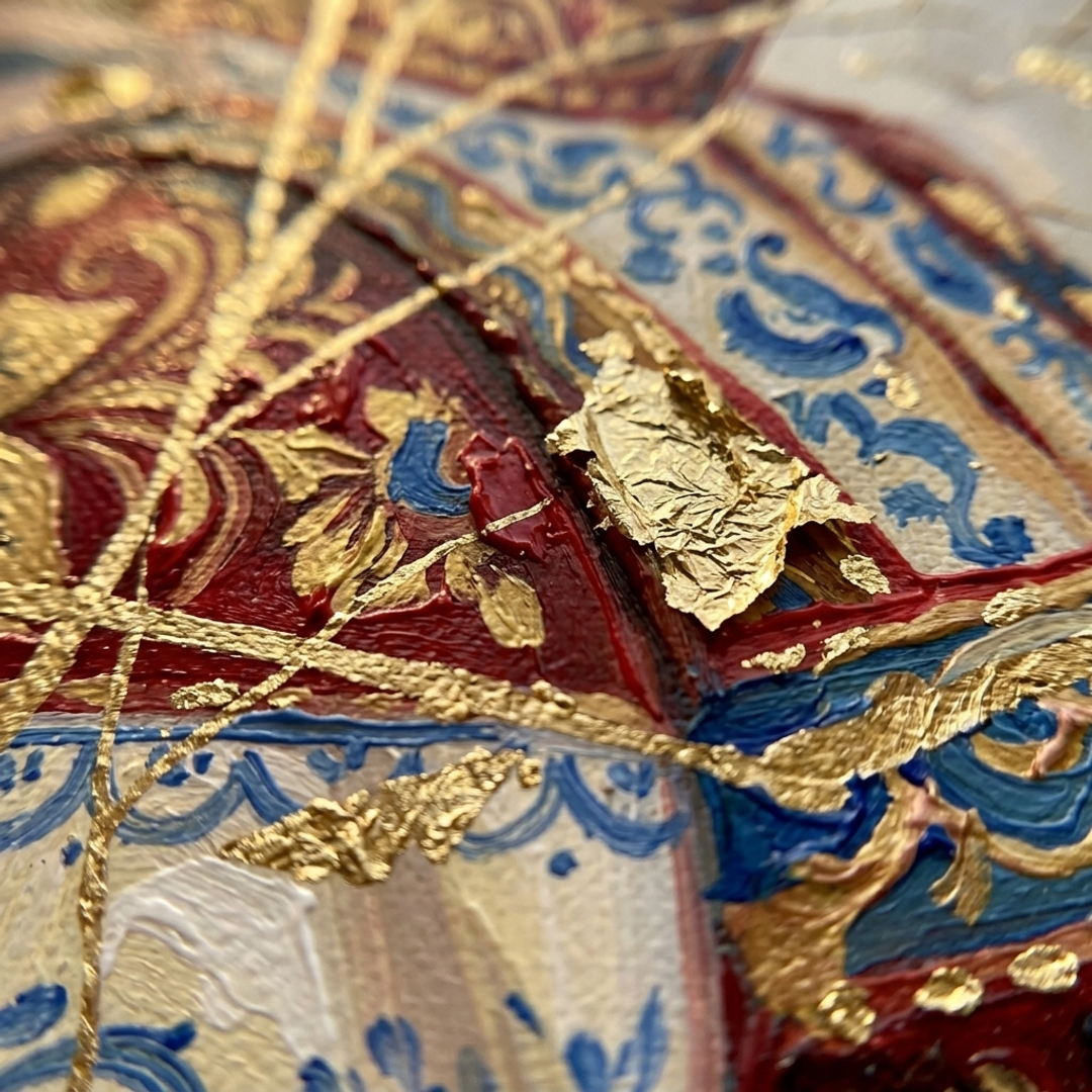 Makro detail ručně malovaných impasto tahů akrylovou barvou na ploše obrazu, viditelná textura a reliéf — Papilora Crafted for Home.