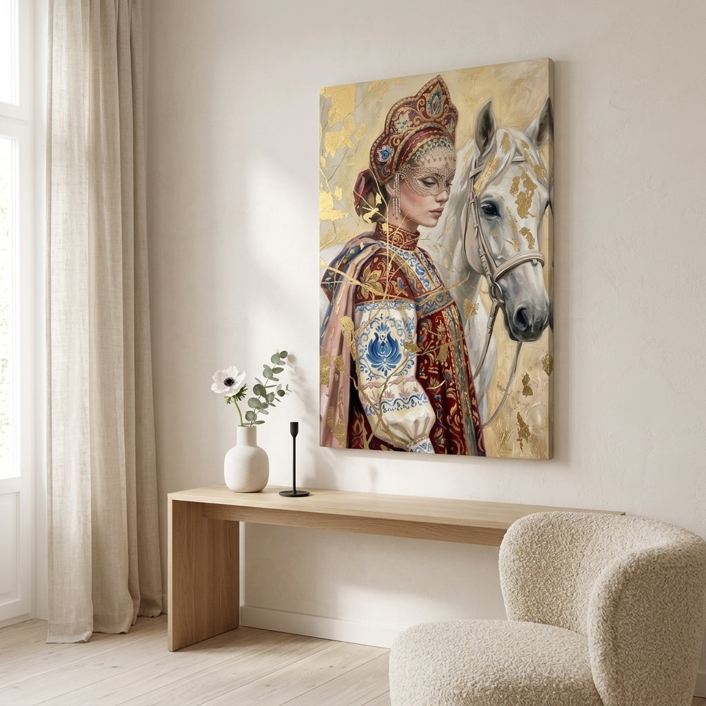 Obraz ženy v lidovém kroji s maskou a bílým koněm zavěšený v moderním stylovém obývacím pokoji nad dřevěnou konzolí s vázou a svíčkou.