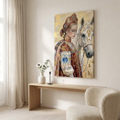 Obraz ženy v lidovém kroji s maskou a bílým koněm zavěšený v moderním stylovém obývacím pokoji nad dřevěnou konzolí s vázou a svíčkou.