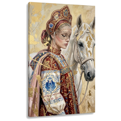 Obraz ženy v lidovém kroji s maskou a bílým koněm na plátně — 3D vizualizace canvasu s viditelným dřevěným rámem, Papilora Premium Art.
