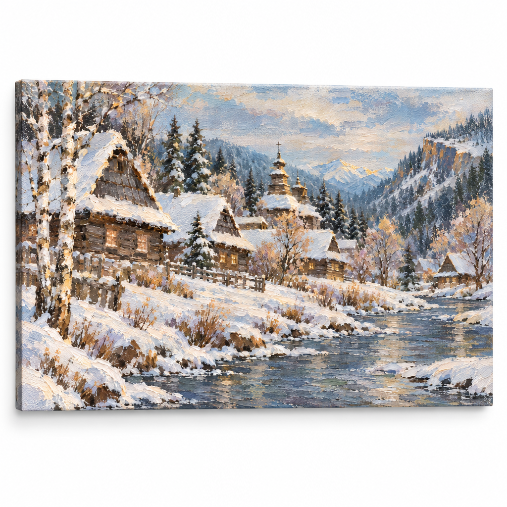 Obraz zimní vesničky v horách s roubenkami a dřevěným kostelíkem na plátně — 3D vizualizace canvasu s viditelným dřevěným rámem, Papilora Premium Art.