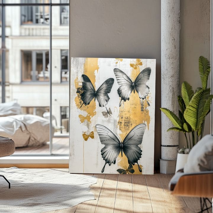 Moderní obraz na plátně s motivem y motýlů - Mystické Krídla, motýli v bílo-černých odstínech, elegantní atmosféra, příroda a elegance | Obrazy motýlů - Mystické Krídla – produkt, pohled 3