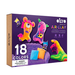 Na plátně je vyobrazena krabice se sadou modelovací hmoty Air Clay v zářivých barvách, s veselými postavičkami a nápisem '18 COLORS' Papilora.