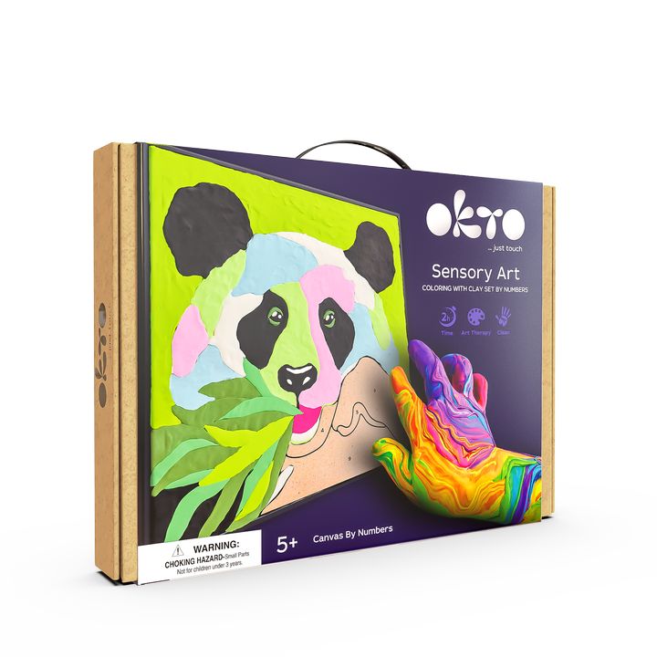 Moderní obraz na plátně s motivem bambus v zeleno-fialových odstínech, hravá atmosféra, příroda a kreativita | OKTO malování samotvrdnúcou hmotou 30 x 30 cm Panda – hlavní