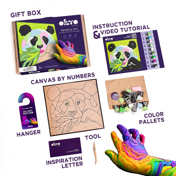 Moderní obraz na plátně s motivem bambus v zeleno-fialových odstínech, hravá atmosféra, příroda a kreativita | OKTO malování samotvrdnúcou hmotou 30 x 30 cm Panda – produkt, pohled 2