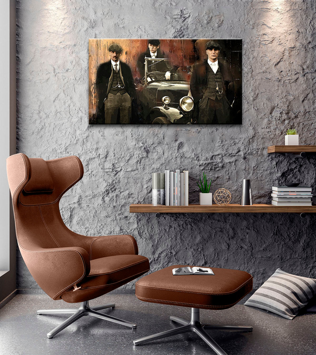 Obraz s motivem tří mužů v retro stylu a starého auta visí v moderním interiéru nad dřevěnou konzolí s vázou a svíčkou, Papilora.